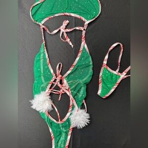 Lingeriebydylan Green Sparkle Mesh/Candy Cane Hoodie One-Piece Lingerie Outfit